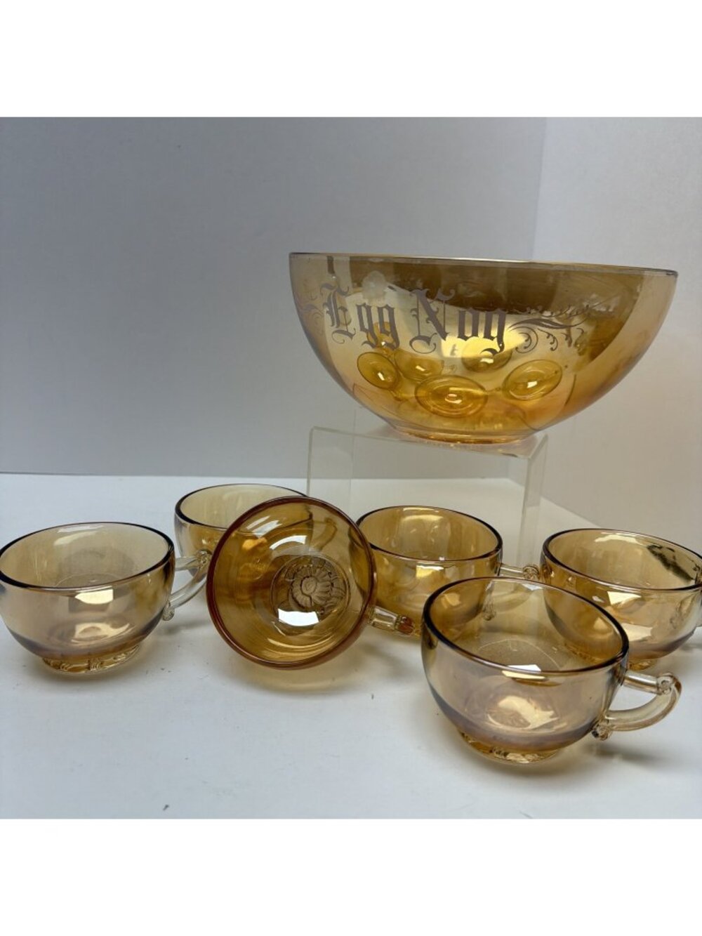 Vintage Jeanette Glass Eggnog Set Bowl & 6 Cups Marigold Carnival Glass